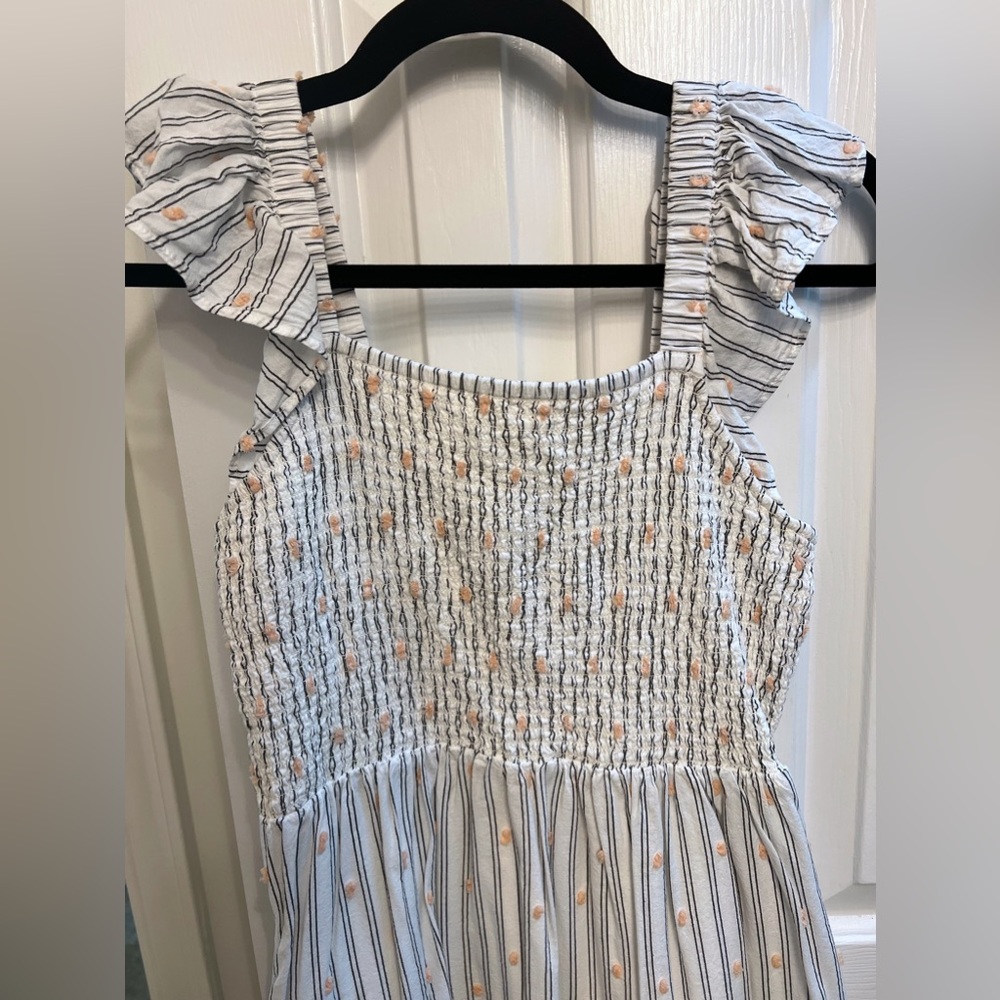 LOFT Petite Clip Stripe Smocked Ruffle Midi Dress